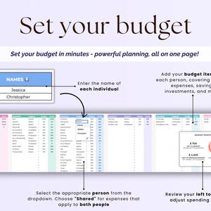 Peut inclure: Un planificateur de budget num&eacute;rique avec des instructions. Le texte indique &laquo;&nbsp;D&eacute;finissez votre budget&nbsp;&raquo; et &laquo;&nbsp;D&eacute;finissez votre budget en quelques minutes&nbsp;&raquo;. Le planificateur comprend des sections pour les noms, les postes budg&eacute;taires et un aper&ccedil;u de la situation budg&eacute;taire.
