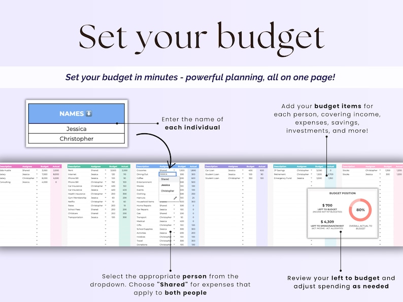 Peut inclure: Un planificateur de budget num&eacute;rique avec des instructions. Le texte indique &laquo;&nbsp;D&eacute;finissez votre budget&nbsp;&raquo; et &laquo;&nbsp;D&eacute;finissez votre budget en quelques minutes&nbsp;&raquo;. Le planificateur comprend des sections pour les noms, les postes budg&eacute;taires et un aper&ccedil;u de la situation budg&eacute;taire.