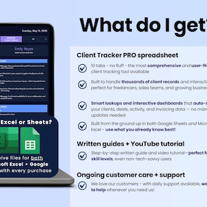 Pu&ograve; includere: Uno schermo digitale che mostra l'interfaccia di un foglio di calcolo Client Tracker PRO su un portatile. Il testo include What do I get?, Client Tracker PRO spreadsheet, Written guides + YouTube tutorial e Ongoing customer care + support.