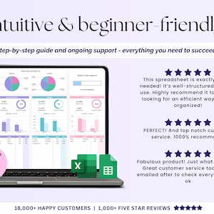 Peut inclure: Un ordinateur portable affichant une feuille de calcul avec des graphiques et des donn&eacute;es, avec le texte "Intuitive & beginner-friendly". L'image comprend un support client et des avis clients positifs. La feuille de calcul est con&ccedil;ue pour aider les utilisateurs &agrave; s'organiser.