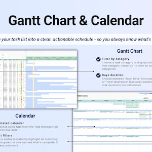 Puede incluir: Imagen que muestra una interfaz de diagrama de Gantt y calendario. El texto dice "Gantt Chart & Calendar" y describe funciones como filtrar por categor&iacute;a, duraci&oacute;n de d&iacute;as, calendario automatizado y filtros inteligentes. La interfaz tiene un fondo azul claro.