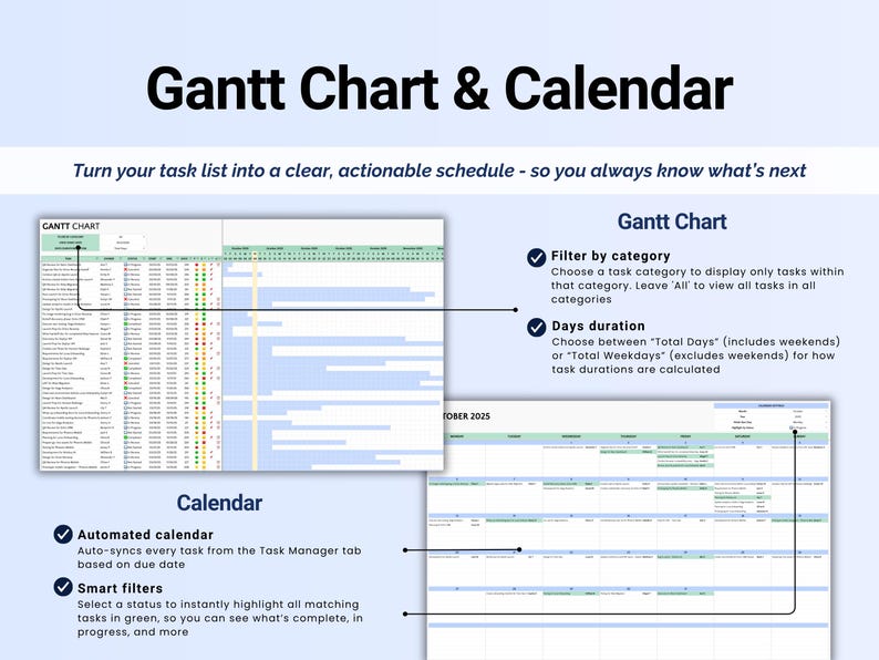 Puede incluir: Imagen que muestra una interfaz de diagrama de Gantt y calendario. El texto dice "Gantt Chart & Calendar" y describe funciones como filtrar por categor&iacute;a, duraci&oacute;n de d&iacute;as, calendario automatizado y filtros inteligentes. La interfaz tiene un fondo azul claro.