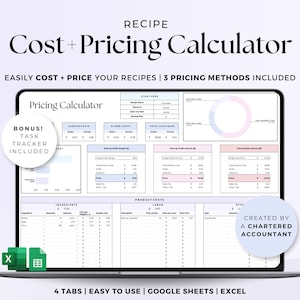 Calculadora de costos y precios de recetas fáciles, plantilla de costos para negocios de alimentos, herramienta de precios de panadería (Hojas de cálculo de Google) y hoja de cálculo de seguimiento de ingredientes.