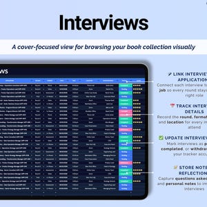May include: A digital tablet displays a spreadsheet titled "Interviews." The screen shows a list of interview details, including company, position, date, and status. Text on the screen includes "Link Interviews to Applications" and "Track Interview Details."