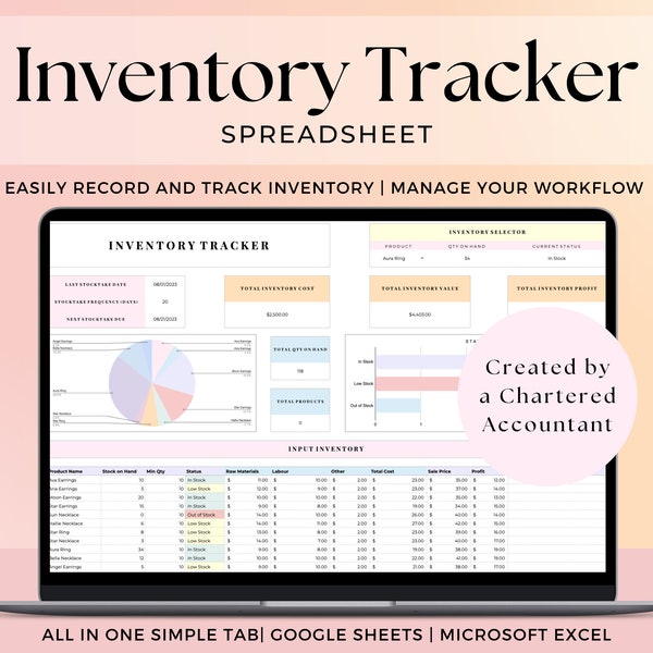 Inventory Tracker Spreadsheet, Product Tracking Template for Google Sheets Excel, Stock Management Log, Monitoring Tool for Small Business