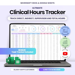 May include: A digital clinical hours tracker for Microsoft Excel and Google Sheets displayed on a laptop screen. The interface features columns for tracking direct, indirect, and supervisor hours, with an automated dashboard, progress charts, and a bonus task tracker included.