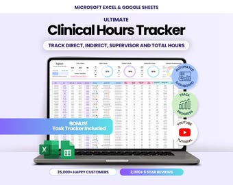 Clinical Hours Tracker Spreadsheet, Supervision Log Template Google Sheets, Nursing School Planner, Therapy Counseling Placement Log Excel