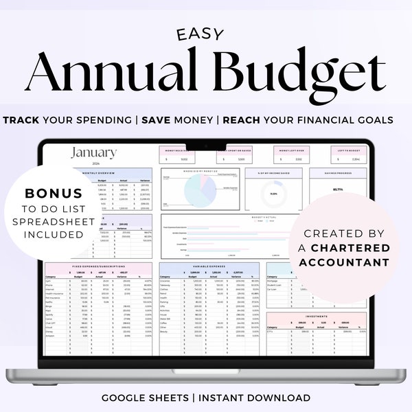 Easy 2024 Annual Monthly Budget Planner Spreadsheet Template, Digital Financial Planner Google Sheets Excel, Annual Money Paycheck Tracker