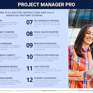 Puede incluir: Un gr&aacute;fico azul con el t&iacute;tulo "PROJECT MANAGER PRO" y una lista de 12 pesta&ntilde;as con descripciones. Una mujer con una camisa colorida sonr&iacute;e mientras sostiene una tableta. El texto "Productive Penguin Co." est&aacute; incluido.