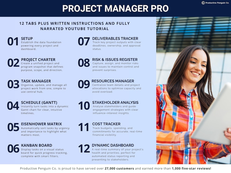 Puede incluir: Un gr&aacute;fico azul con el t&iacute;tulo "PROJECT MANAGER PRO" y una lista de 12 pesta&ntilde;as con descripciones. Una mujer con una camisa colorida sonr&iacute;e mientras sostiene una tableta. El texto "Productive Penguin Co." est&aacute; incluido.
