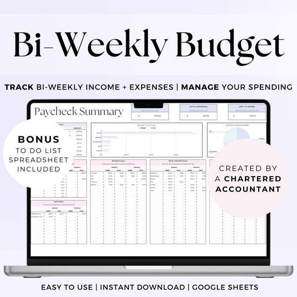 Biweekly Budget Planner Spreadsheet, Bi-Weekly Google Sheets Template Tracker, Savings Goal Log, Personal Finances Budgeting Dashboard Tool