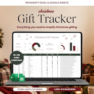 May include: A digital Christmas Gift Tracker spreadsheet for Microsoft Excel and Google Sheets displayed on a laptop screen. The interface features a pie chart, progress bar, and a detailed list for tracking budgets, gifts, and recipients.
