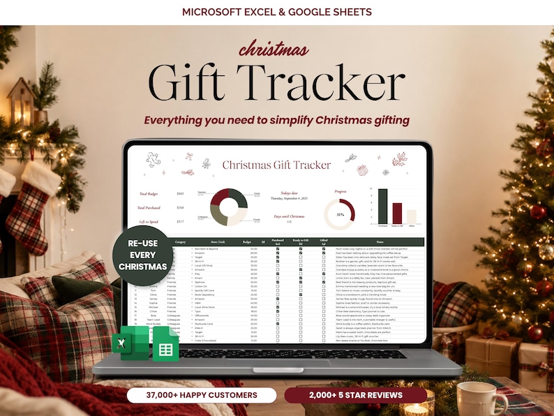 以下が含まれることがあります： Microsoft ExcelおよびGoogle Sheets用のデジタルクリスマスギフトトラッカースプレッドシートがノートパソコンの画面に表示されています。インターフェースには、円グラフ、進捗バー、予算やギフトを追跡するための詳細なリストが含まれています。