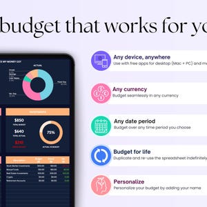 Peut inclure: Un &eacute;cran sombre affichant une application de budget avec un diagramme circulaire montrant o&ugrave; va l'argent, un graphique &agrave; barres montrant le budget r&eacute;el par rapport au budget pr&eacute;vu, et un tableau listant diff&eacute;rentes cat&eacute;gories d'investissement. L'&eacute;cran est sur une tablette. L'image montre &eacute;galement cinq ic&ocirc;nes color&eacute;es avec du texte d&eacute;crivant les fonctionnalit&eacute;s de l'application&nbsp;: Tout appareil, n'importe o&ugrave;, Toute devise, Toute p&eacute;riode, Budget &agrave; vie, et Personnaliser.