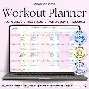 Hoja de cálculo de seguimiento de ejercicios Hojas de cálculo de Google Planificador de ejercicios para principiantes Programa de ejercicios semanales y mensuales Plantilla de levantamiento de pesas Registro de ejercicios en casa