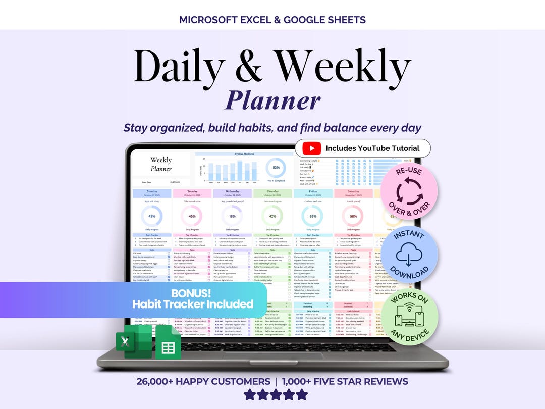 Weekly Planner Daily Task Tracker Spreadsheet Routine To Do List Template Habit Tracker Pr