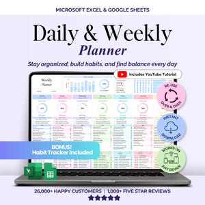 Planificador semanal, hoja de cálculo para el seguimiento de tareas diarias, plantilla de lista de tareas pendientes, rastreador de hábitos, plan de productividad, planificador de objetivos, Hojas de cálculo de Google.