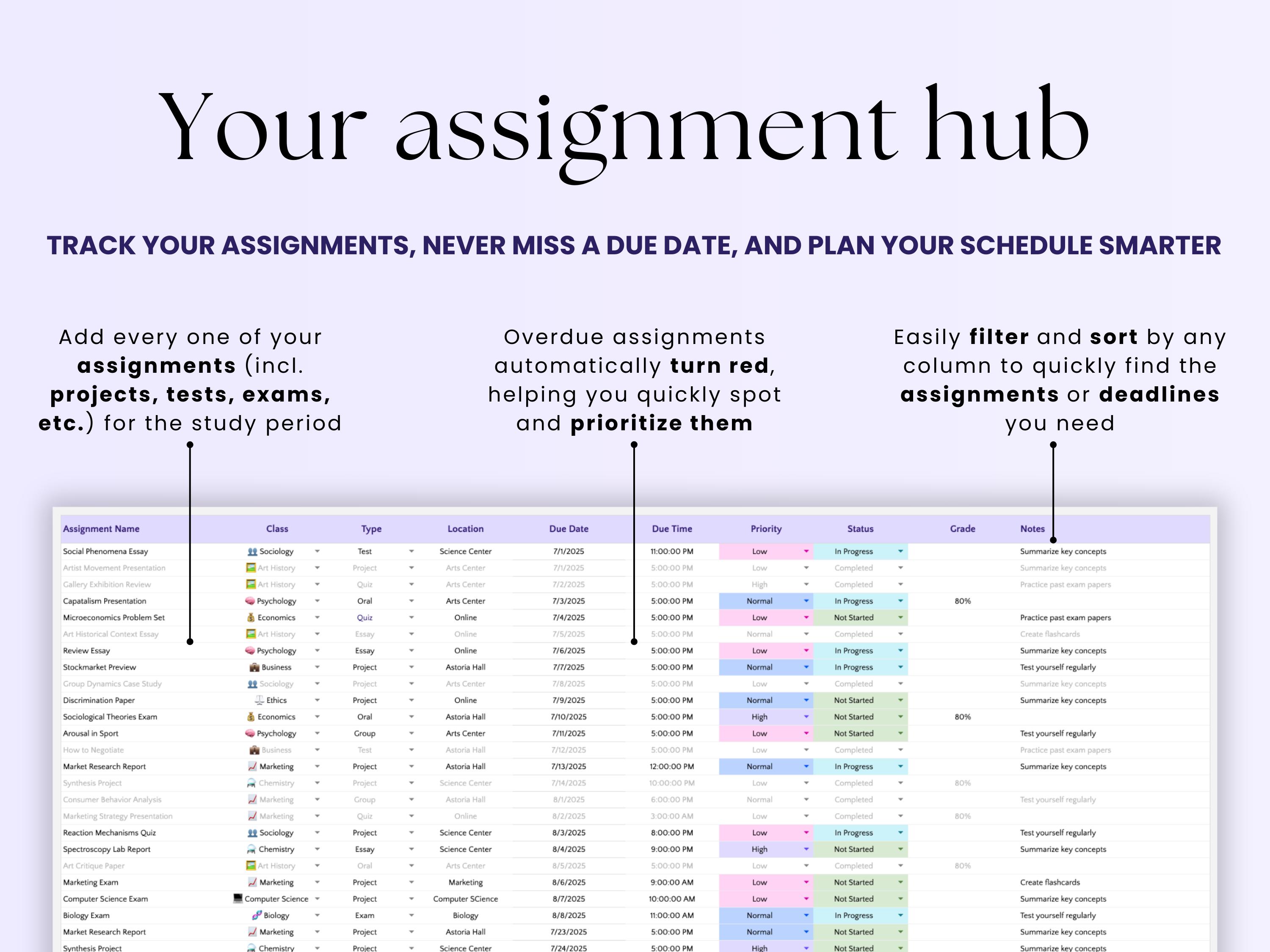 Assignment Tracker Google Sheets Student Planner Spreadsheet Homework ...