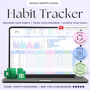Tracker delle abitudini, giornaliero, settimanale, mensile, foglio di calcolo 2025, modello di monitoraggio delle abitudini, tracker degli obiettivi, Google Fogli, ADHD, pianificatore delle abitudini stampabile in Excel