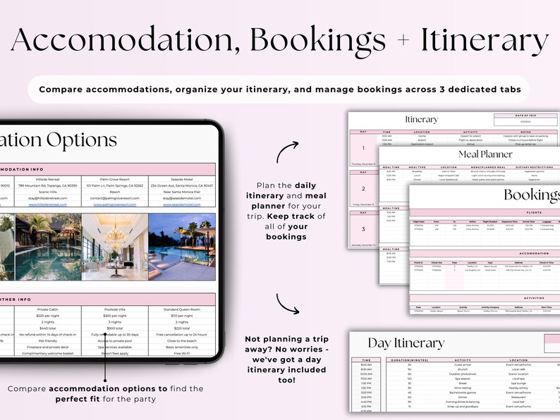 May include: A pink and white printable planner with tabs for accommodation, bookings, and itinerary. The planner includes sections for daily itinerary, meal planner, and accommodation options. The text "Compare accommodations, organize your itinerary, and manage bookings across 3 dedicated tabs" is at the top of the page.