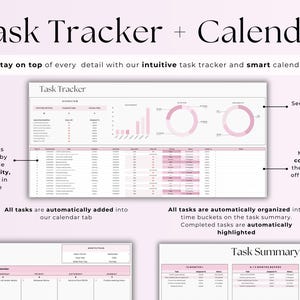 May include: A pink and white printable task tracker and calendar template with the text "Task Tracker + Calendar" at the top. The template includes sections for task lists, due dates, priorities, and status. It also has a calendar section for scheduling tasks.