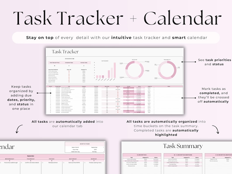 May include: A pink and white printable task tracker and calendar template with the text "Task Tracker + Calendar" at the top. The template includes sections for task lists, due dates, priorities, and status. It also has a calendar section for scheduling tasks.