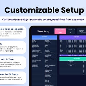 May include: A digital spreadsheet interface with the title "Customizable Setup." The screen displays options to customize categories, manage accounts, set start month and year, and set 5-year profit goals. The text "Customize your setup - power the entire spreadsheet from one place" is also visible.