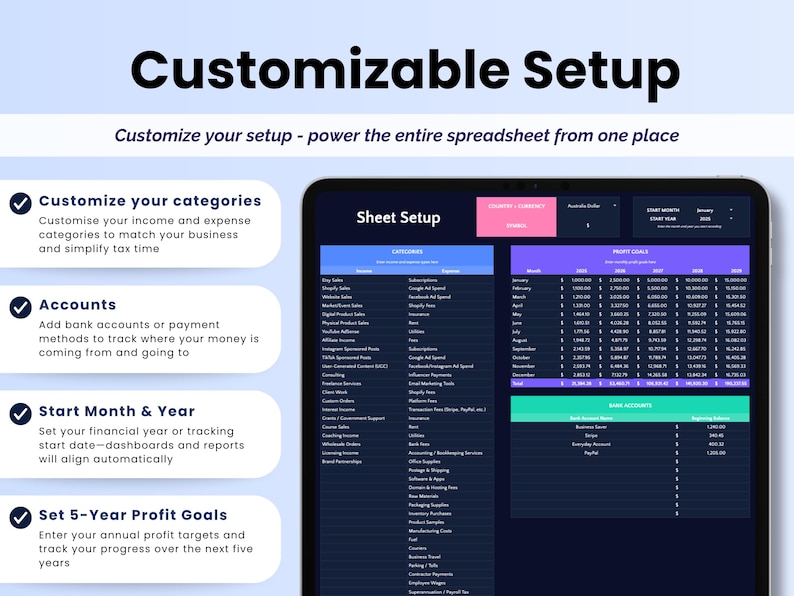May include: A digital spreadsheet interface with the title "Customizable Setup." The screen displays options to customize categories, manage accounts, set start month and year, and set 5-year profit goals. The text "Customize your setup - power the entire spreadsheet from one place" is also visible.
