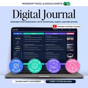May include: A laptop displaying a digital journal interface, designed for consistency with intentions, habits, and reflection. The screen shows a journal entry with sections for intentions and reflections. Includes a YouTube tutorial and instant download.
