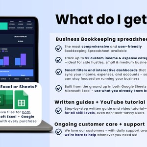 May include: A laptop screen displays a business bookkeeping spreadsheet with charts and graphs. The text "What do I get?" is at the top, with bullet points describing features. The image also includes the text "Prefer Excel or Sheets?" with the Excel and Google Sheets logos.