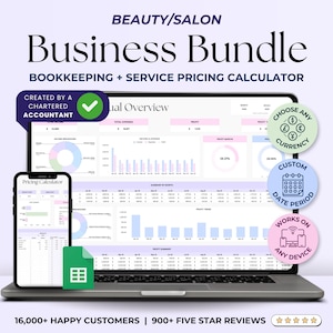 Easy Bookkeeping Spreadsheet Template for Beauty Business, Cost Pricing Calculator for Beauty Business, Lash Tech Nail Tech Makeup Artist