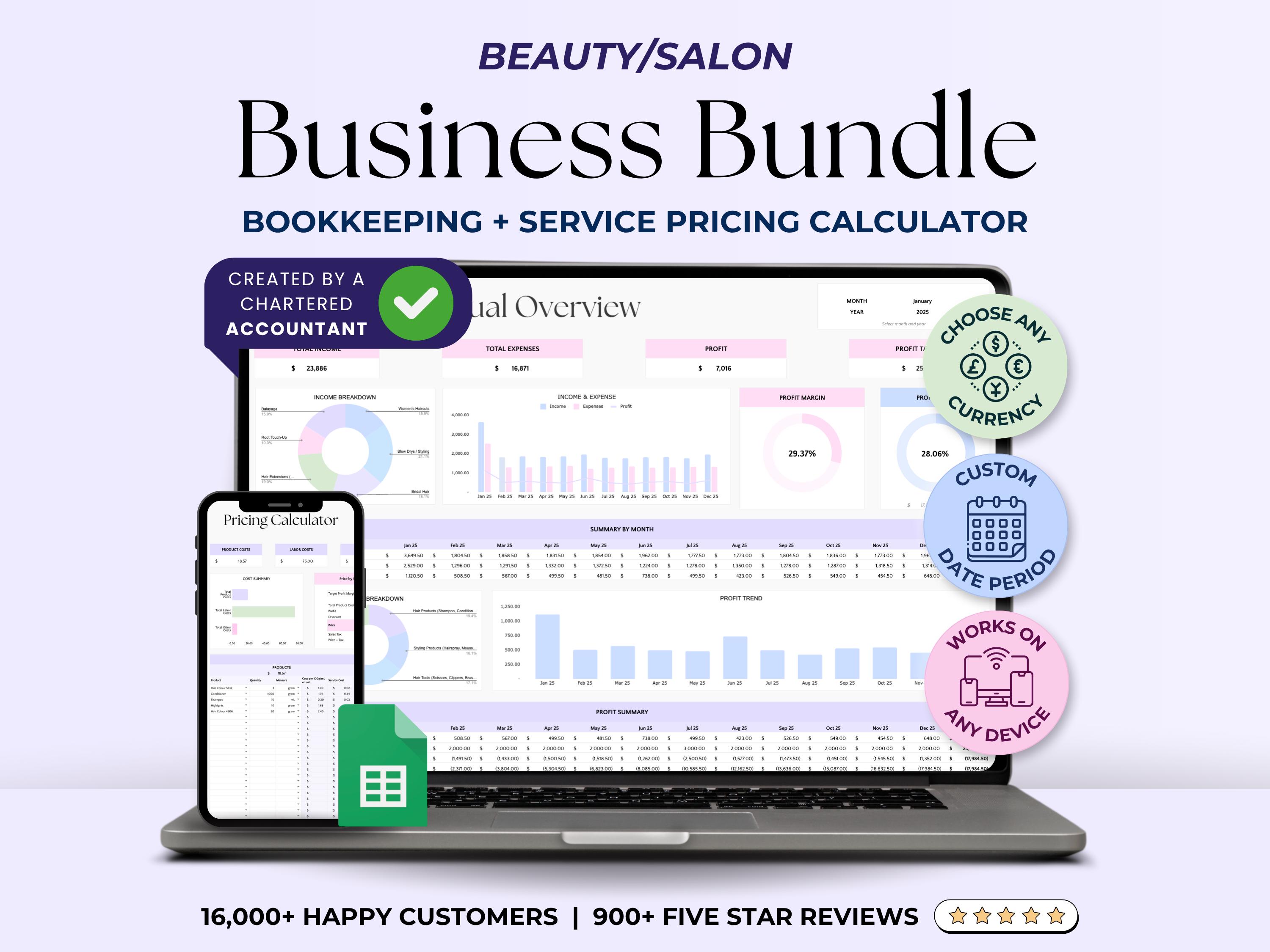 Easy Bookkeeping Spreadsheet Template for Beauty Business, Cost Pricing Calculator for Beauty Business, Lash Tech Nail Tech Makeup Artist