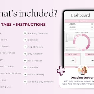 May include: A digital planner with 17 tabs for wedding planning, including a dashboard, budget tracker, and packing checklist. The planner also includes instructions and ongoing customer support.