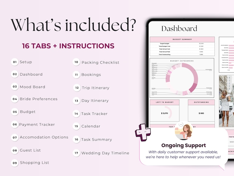 May include: A digital planner with 17 tabs for wedding planning, including a dashboard, budget tracker, and packing checklist. The planner also includes instructions and ongoing customer support.