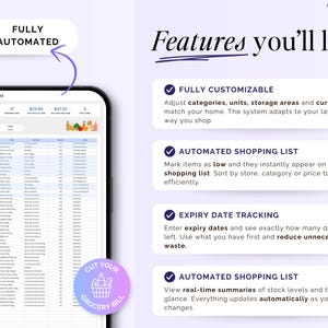 May include: A mobile phone screen shows a shopping list app with features like customisation, automated lists, and expiry date tracking. The app interface displays a spreadsheet layout with item entries and totals. Text on the image says "Features you'll love."