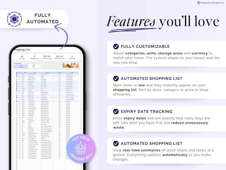May include: A mobile phone screen shows a shopping list app with features like customisation, automated lists, and expiry date tracking. The app interface displays a spreadsheet layout with item entries and totals. Text on the image says "Features you'll love."