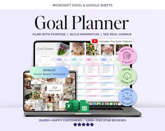Goal Planner Spreadsheet Google Sheets Goal Tracker Template 2026 New Years Resolutions Yearly Digital Goal Tracking Template Vision Board