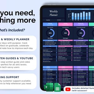 May include: Digital weekly planner displayed on a tablet. The planner features a dark blue and colorful layout with sections for daily tasks and progress tracking. Text includes "All you need, nothing more" and "Weekly Planner". Includes a YouTube tutorial.