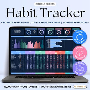 Feuille de calcul de suivi des habitudes quotidiennes 2025 Hebdomadaire modèle de suivi des habitudes mensuelles Suivi des objectifs Feuilles Google Routine imprimable du planificateur d'habitudes du TDAH