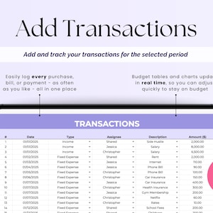 Peut inclure: Interface num&eacute;rique de planification financi&egrave;re avec le texte &laquo;&nbsp;Ajouter des transactions&nbsp;&raquo;. L'&eacute;cran affiche un tableau avec les d&eacute;tails des transactions, notamment la date, le type, le cessionnaire, la description et le montant. Un cercle rose avec le texte &laquo;&nbsp;Tableaux de bord &agrave; synchronisation automatique&nbsp;&raquo; est &agrave; droite.