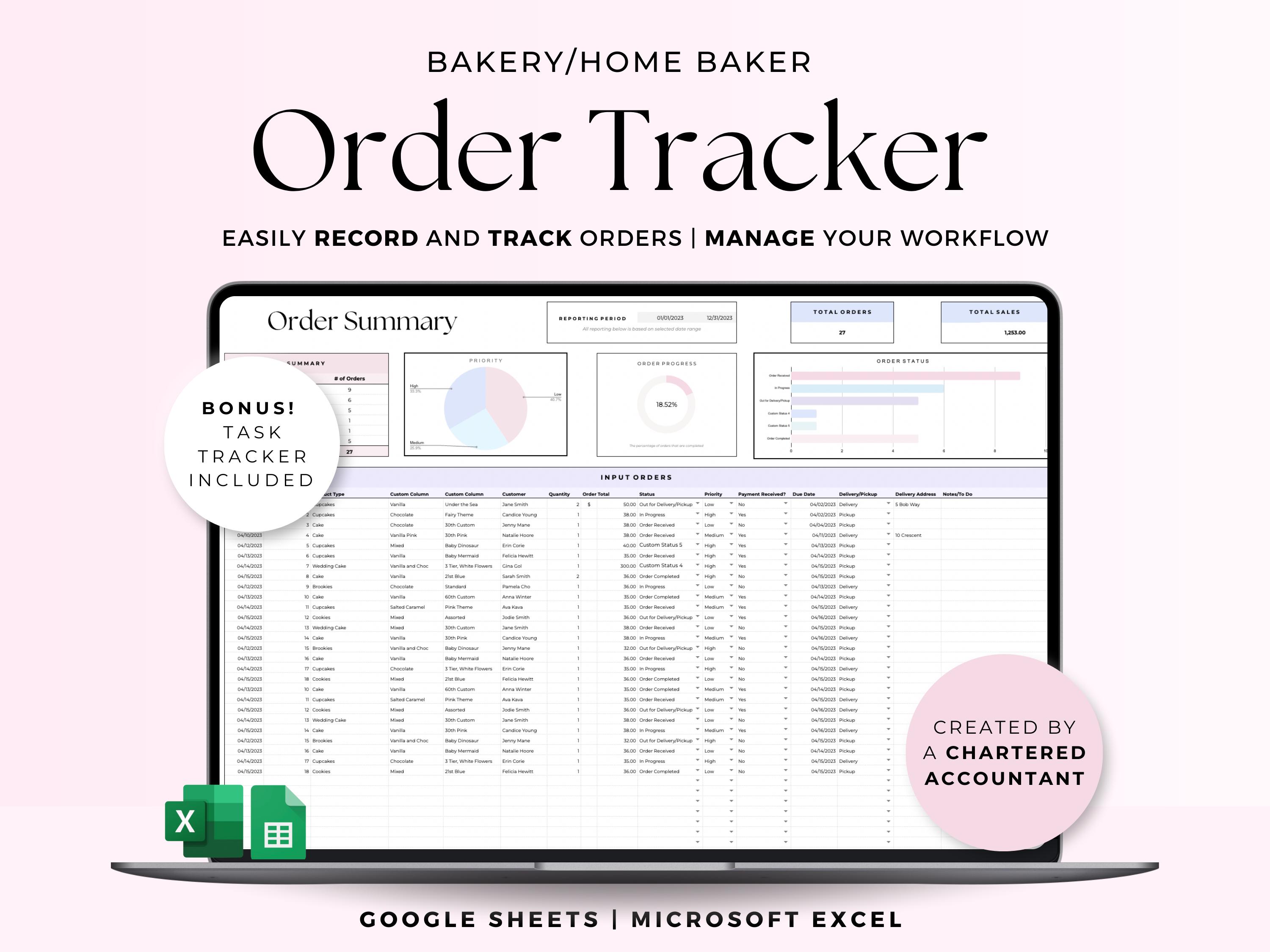 Order Tracker Spreadsheet, Home Baker Business Order Log Template, Bakery Order Tracking Google Sheets, Bakery Digital Ordering System Tool