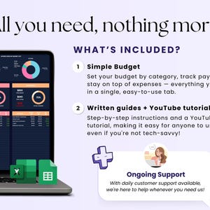 Peut inclure: Un &eacute;cran d'ordinateur portable affichant un tableur de budget avec des graphiques et des diagrammes. Le texte "WHAT'S INCLUDED?" est affich&eacute; au-dessus d'une liste de fonctionnalit&eacute;s, notamment un budget simple, des guides &eacute;crits, un tutoriel YouTube et une assistance continue.