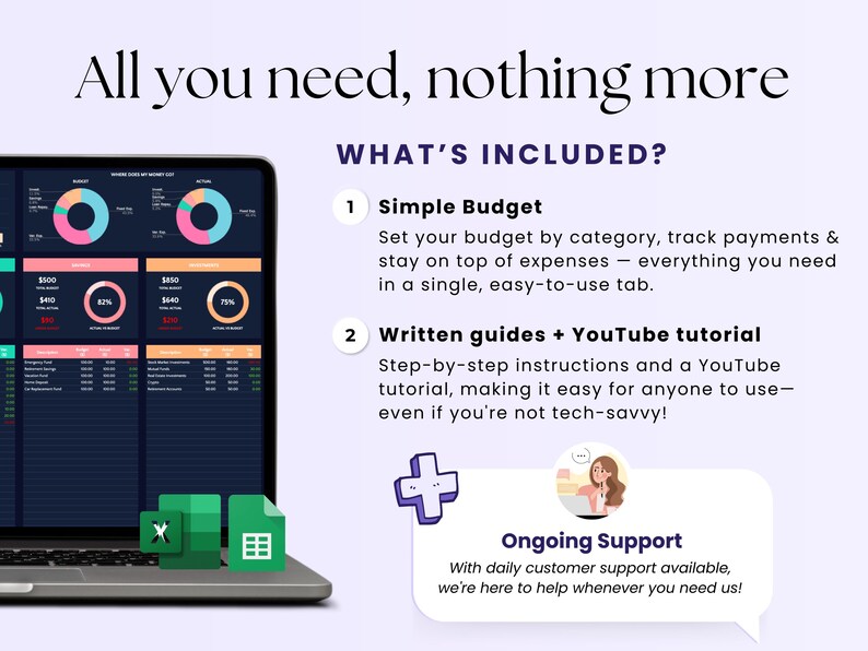 Peut inclure: Un &eacute;cran d'ordinateur portable affichant un tableur de budget avec des graphiques et des diagrammes. Le texte "WHAT'S INCLUDED?" est affich&eacute; au-dessus d'une liste de fonctionnalit&eacute;s, notamment un budget simple, des guides &eacute;crits, un tutoriel YouTube et une assistance continue.