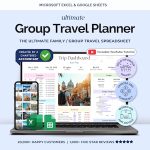 Travel Planner Google Sheets Family Group Travel Budget Spreadsheet Excel Holiday Organizer Travel Itinerary Vacation Planner Packing List