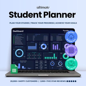 Puede incluir: Un portátil muestra un panel de control de planificador de estudiantes con gráficos. La pantalla muestra el texto "Student Planner" y "Plan Your Studies | Track Your Progress | Achieve Your Goals". Los iconos indican descarga instantánea, programación de 7 días y compatibilidad.