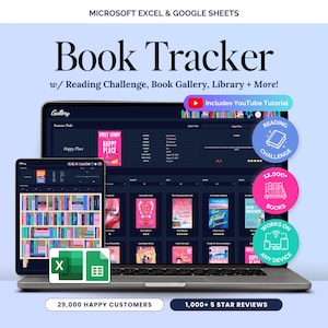 May include: A laptop and tablet showing a "Book Tracker" interface with reading challenge, book gallery, and library features. The interface displays book covers and a bookshelf. The image includes the text "Microsoft Excel & Google Sheets" and "Includes YouTube Tutorial".