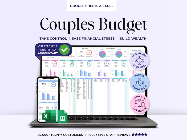Peut inclure: Un ordinateur portable et un smartphone affichant une feuille de calcul de budget pour couples. Le texte indique "Couples Budget" et "Take Control | Ease Financial Stress | Build Wealth." Le texte suppl&eacute;mentaire comprend "Created by a Chartered Accountant" et "Works on any device."