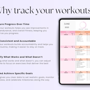 May include: A digital workout tracker on a tablet screen. The screen displays a pink and yellow calendar for June 2025, with exercise tracking sections. Text on the screen explains the benefits of tracking workouts, including measuring progress and setting goals.