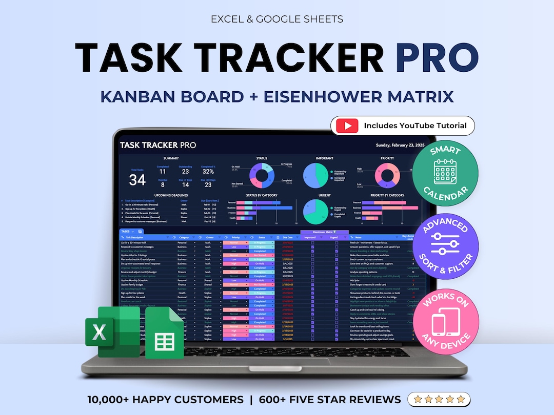 Task Tracker Pro Spreadsheet: Excel & Google Sheets (digital Download ...