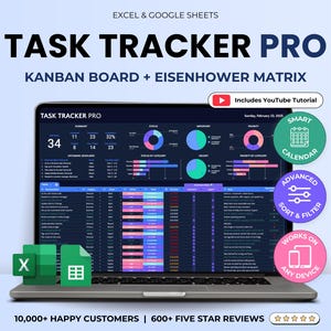 Foglio di calcolo del task tracker di Excel Task Priority Tracker di Google Sheets Elenco delle cose da fare Matrice di Eisenhower Kanban Board Lavoro di squadra Task Manager Calendario